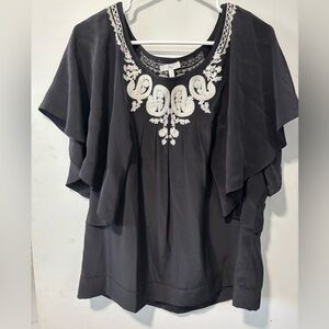 Joie 100% Silk Black White Floral Sheer Flutter Cap Sleeve Blouse Size L Large